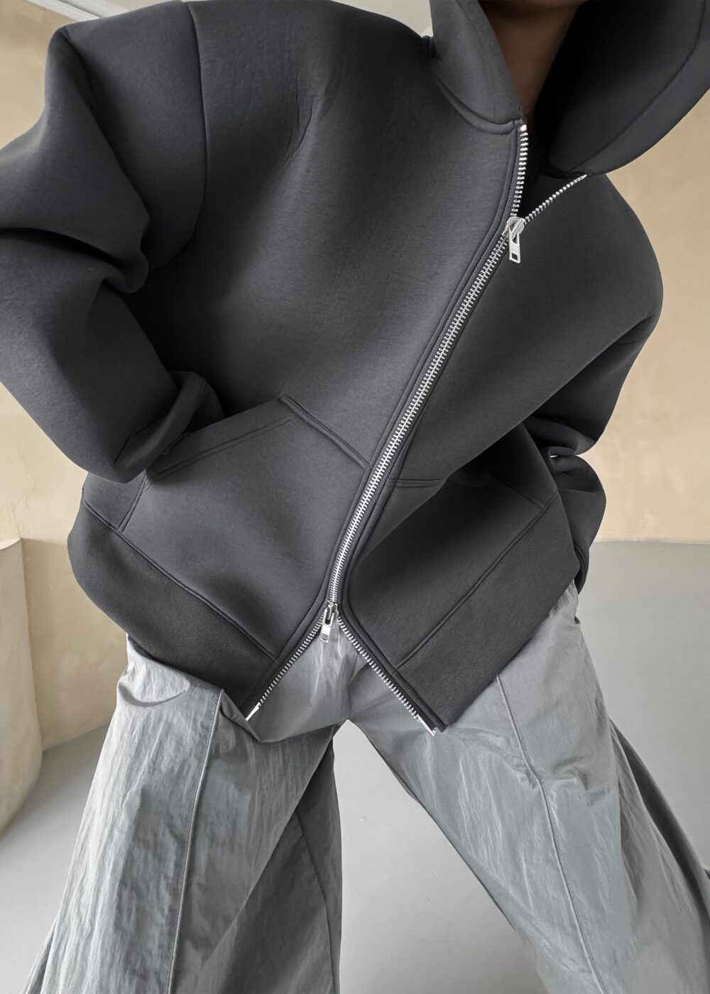 Calder Neoprene Zip-Up Hoodie - Grey - Image 5