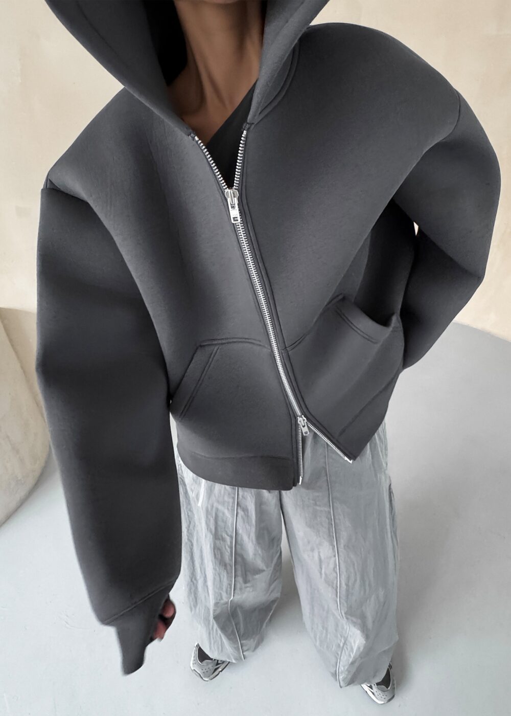 Calder Neoprene Zip-Up Hoodie - Grey - Image 6