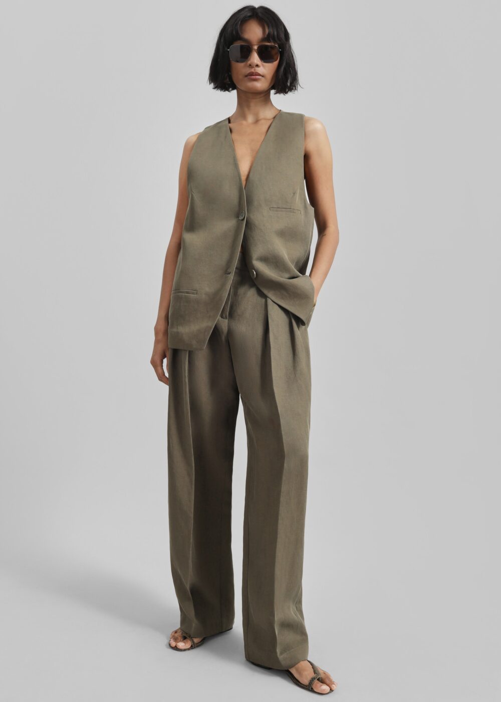 Daytona Pleated Linen Trousers - Khaki - Image 5