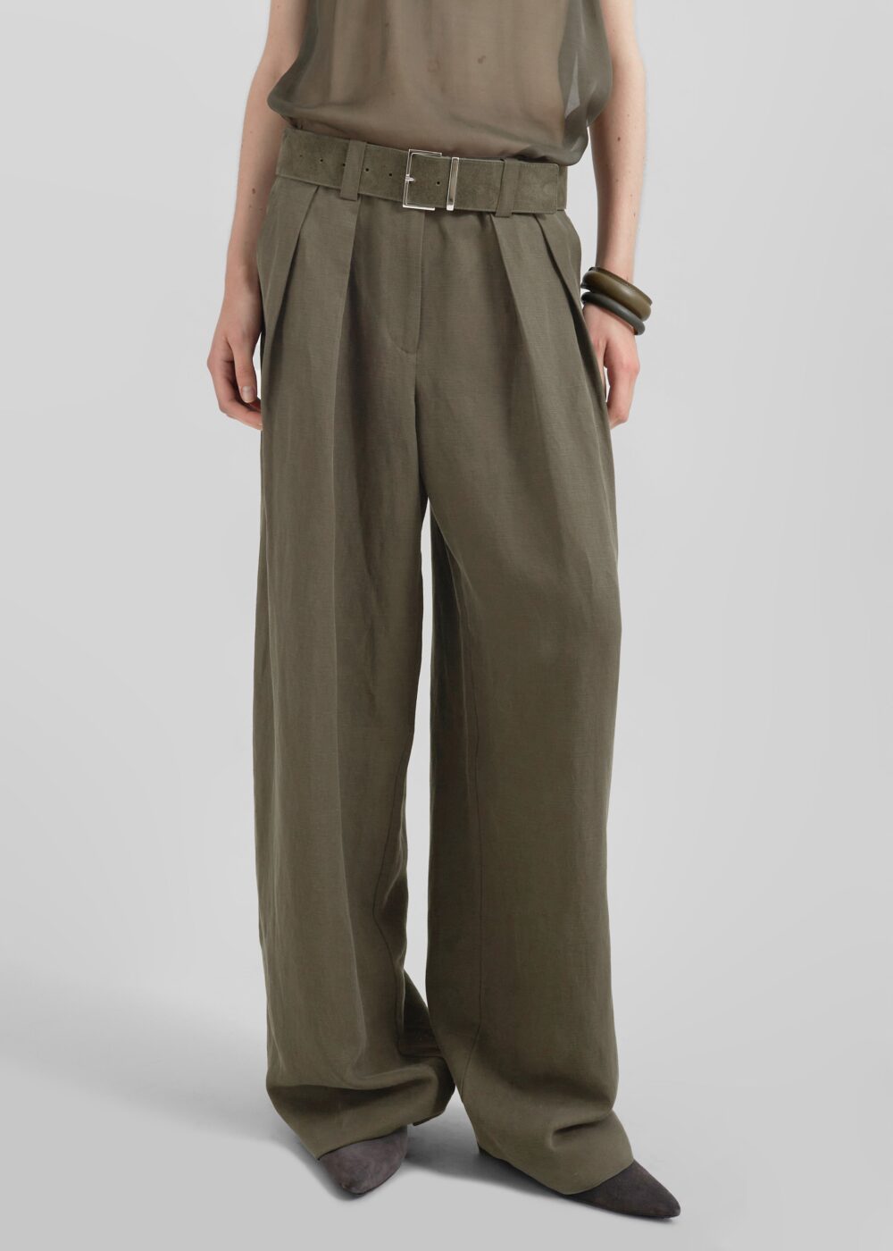 Daytona Pleated Linen Trousers - Khaki - Image 3