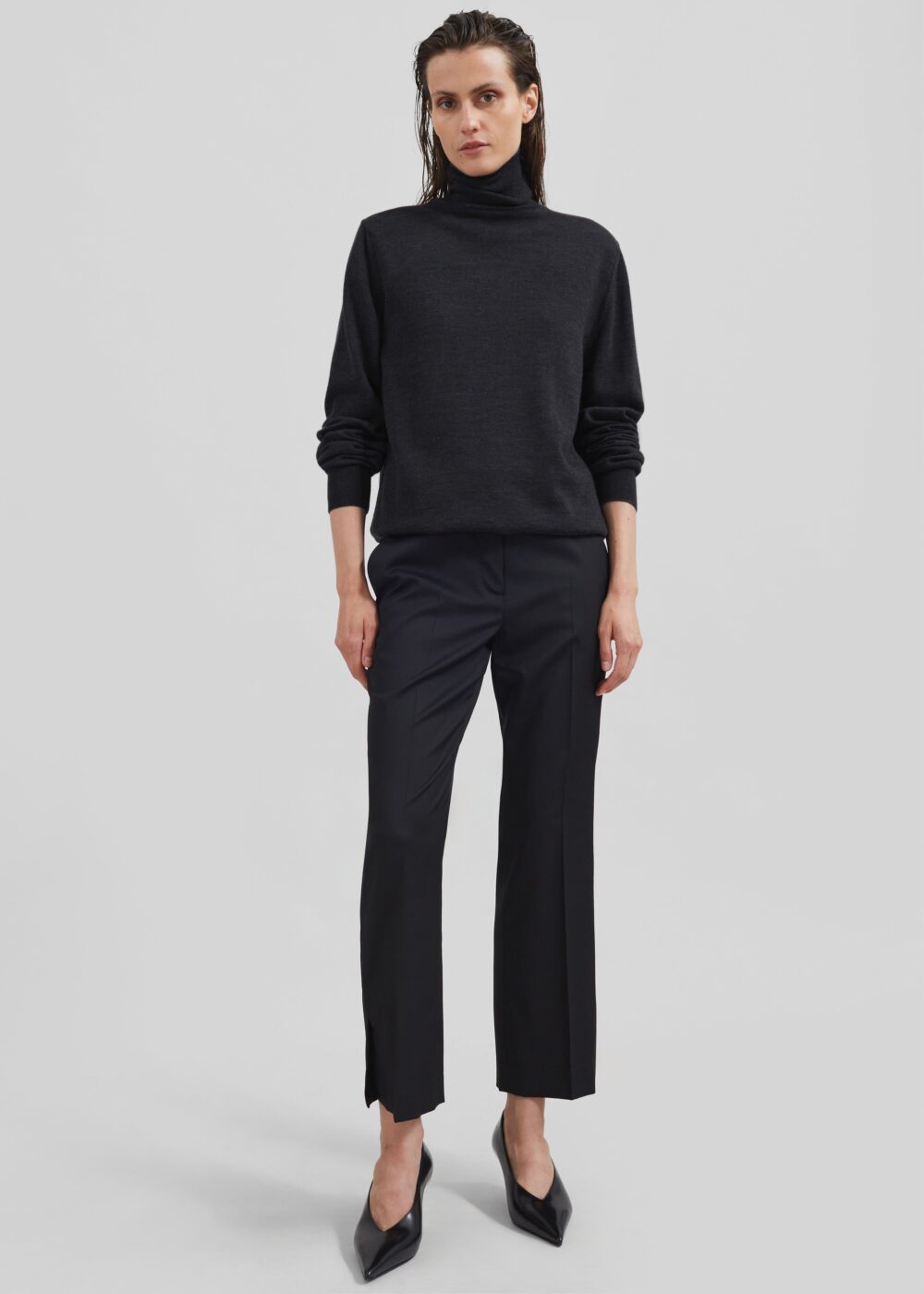 Eve Thin Turtleneck Sweater - Dark Grey Melange - Image 9