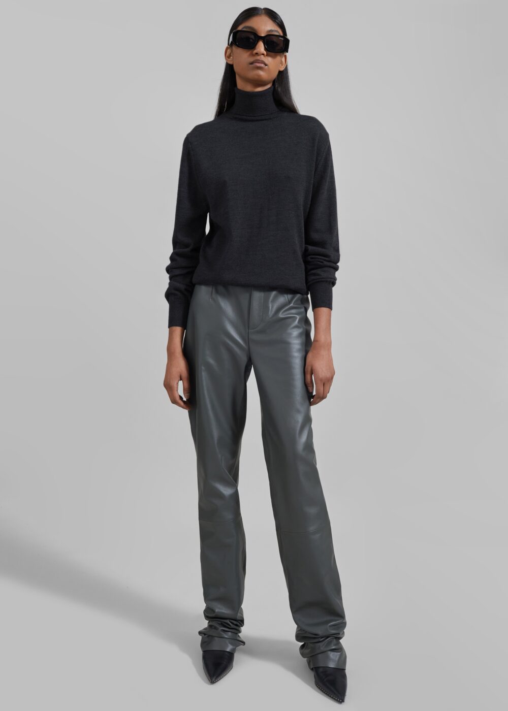Eve Thin Turtleneck Sweater - Dark Grey Melange - Image 4