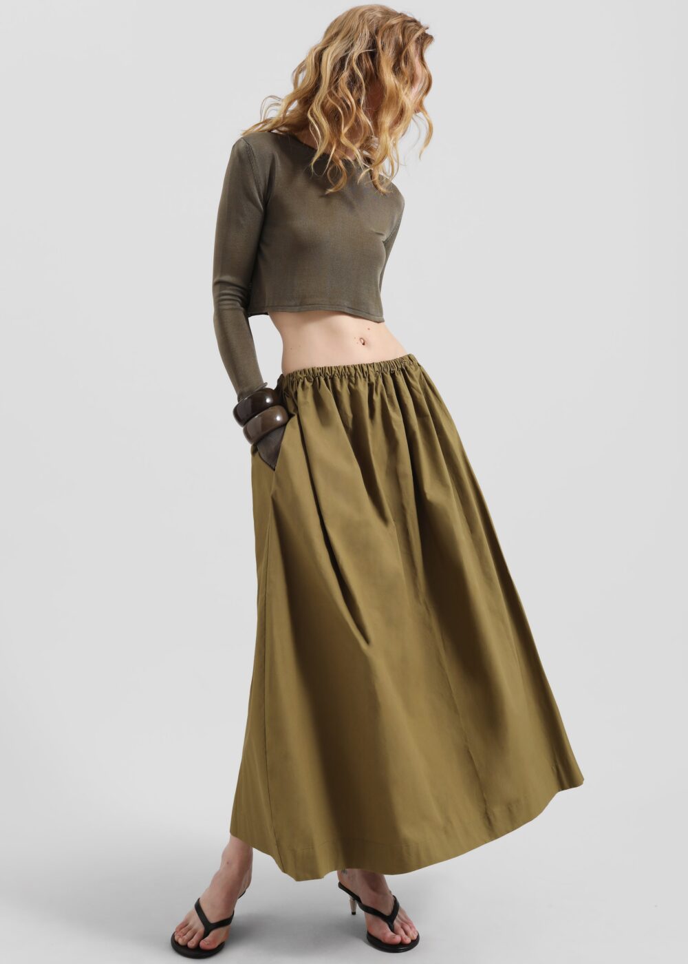 Jalev Gathered Cotton Skirt - Martini Olive - Image 5