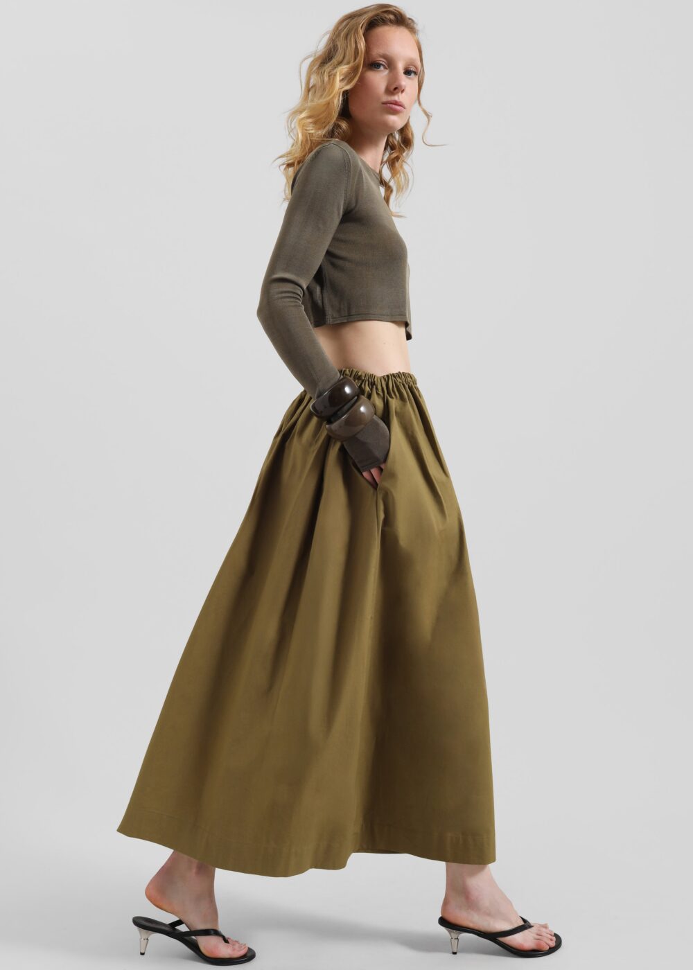 Jalev Gathered Cotton Skirt - Martini Olive - Image 7
