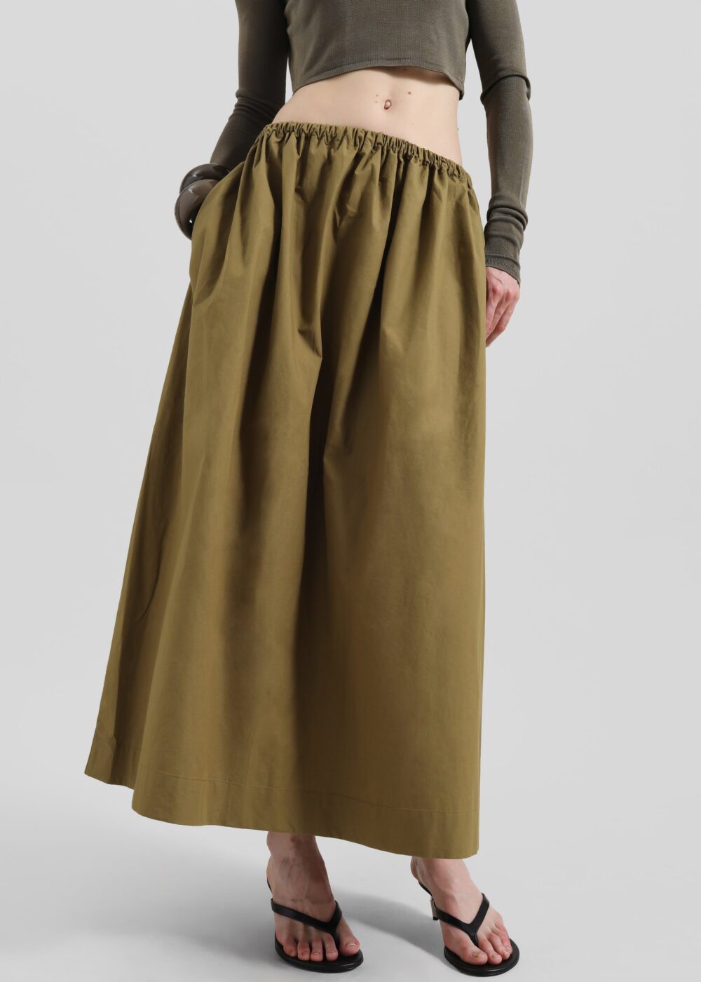 Jalev Gathered Cotton Skirt - Martini Olive - Image 8