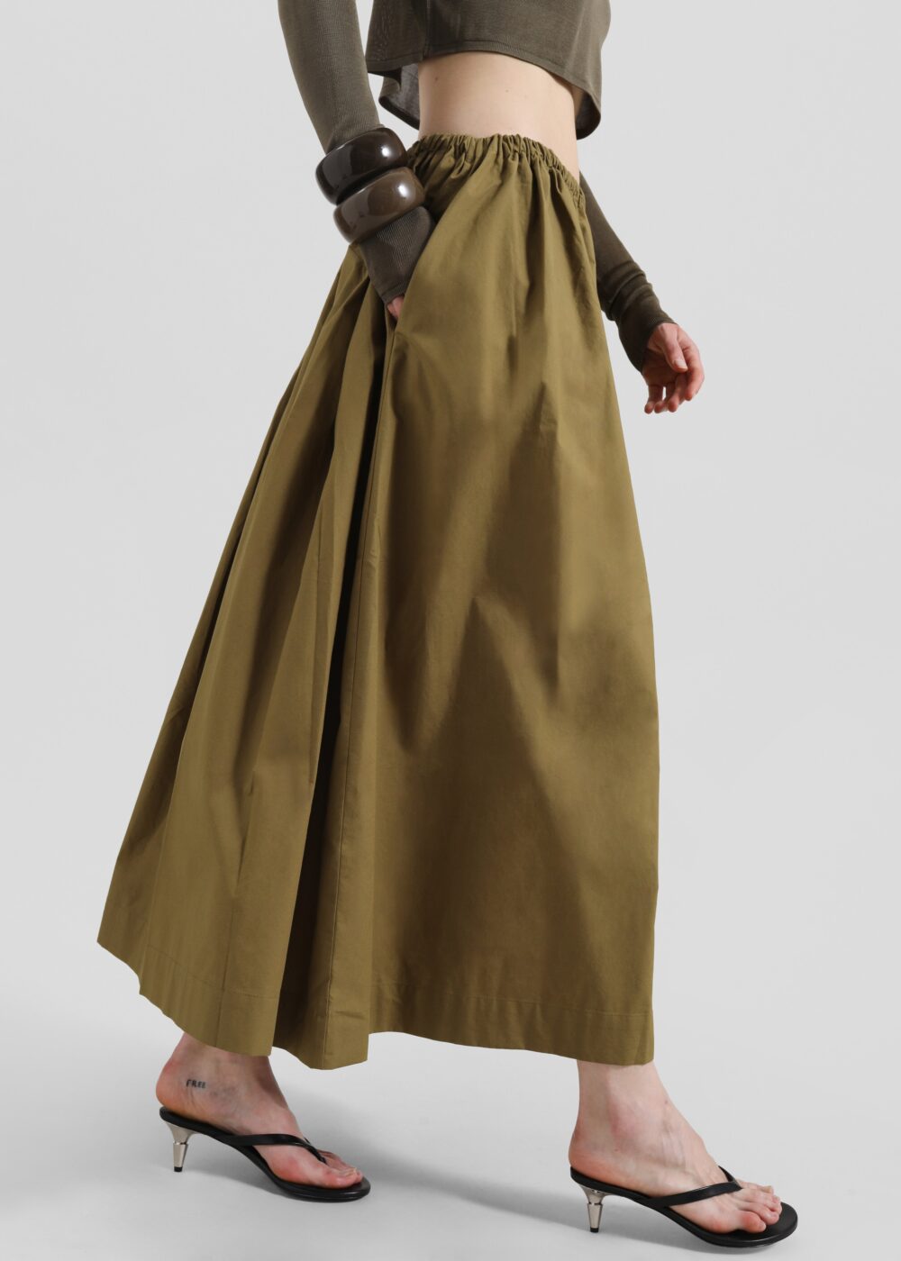 Jalev Gathered Cotton Skirt - Martini Olive - Image 4