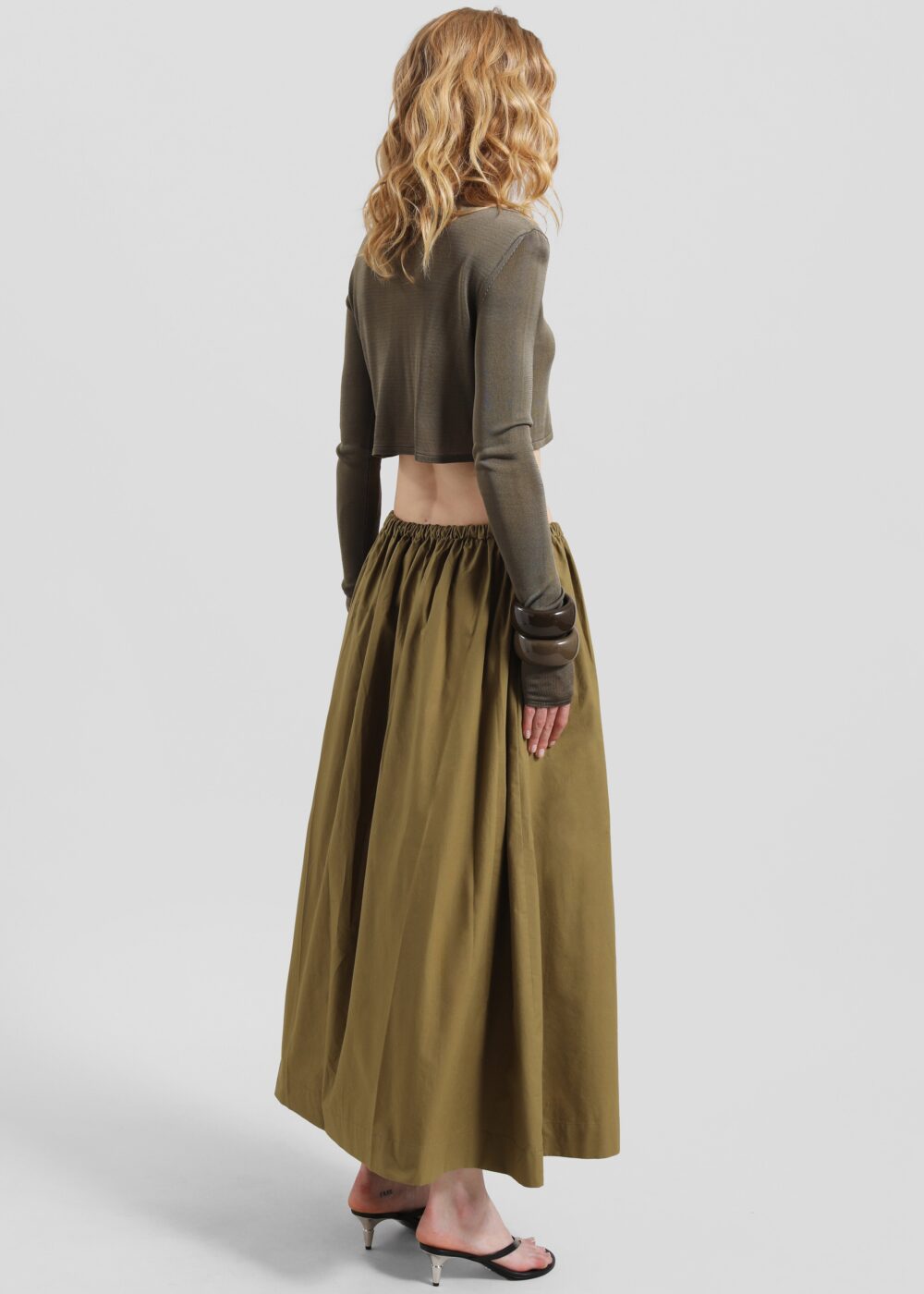 Jalev Gathered Cotton Skirt - Martini Olive - Image 3