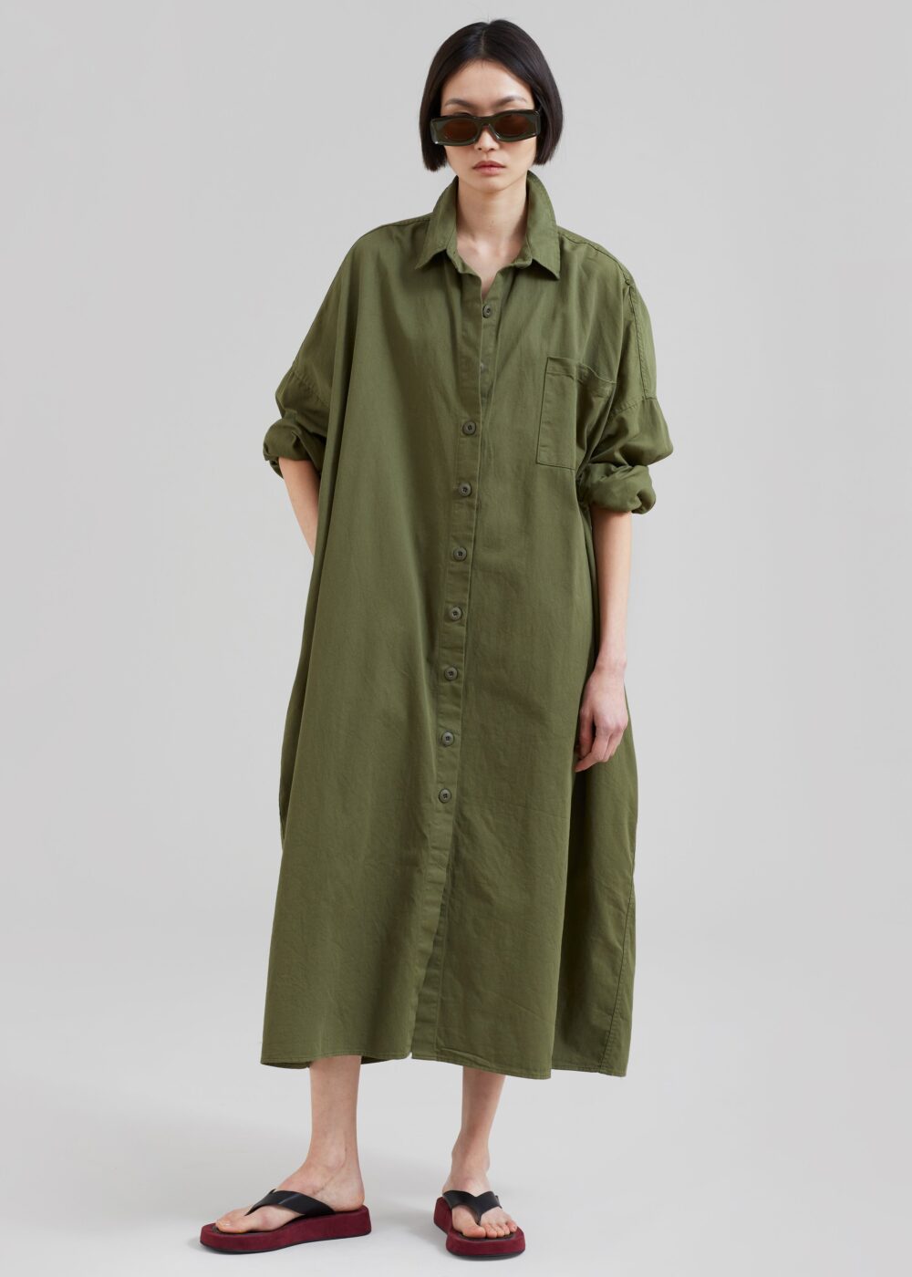 Kason Oversized Shirt Dress - Dark Olive