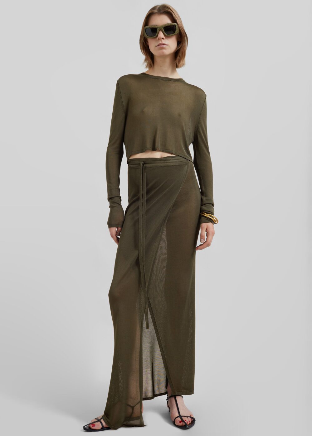 Kazel Cropped Thin Knit Top - Khaki - Image 3