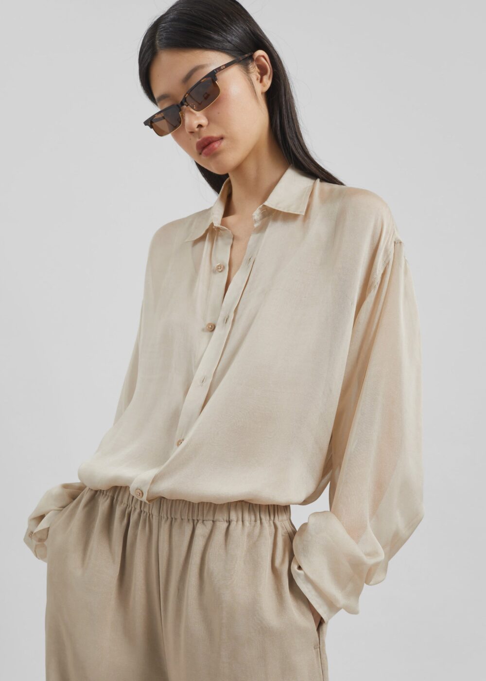 Oria Sheer Silk Chiffon Shirt - Beige - Image 6