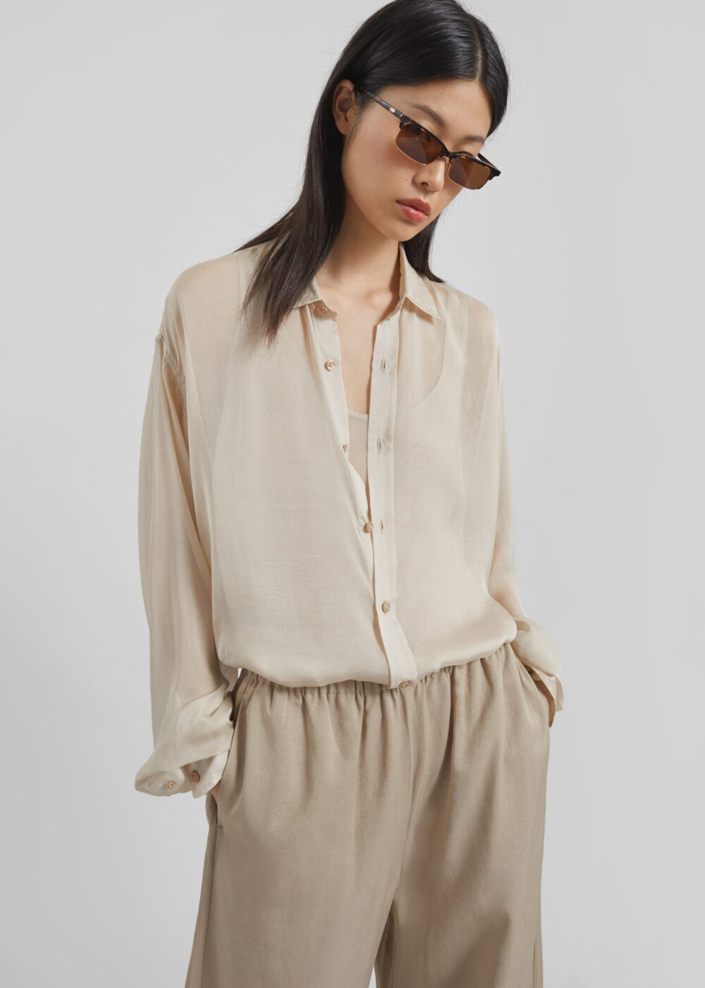 Oria Sheer Silk Chiffon Shirt - Beige - Image 4