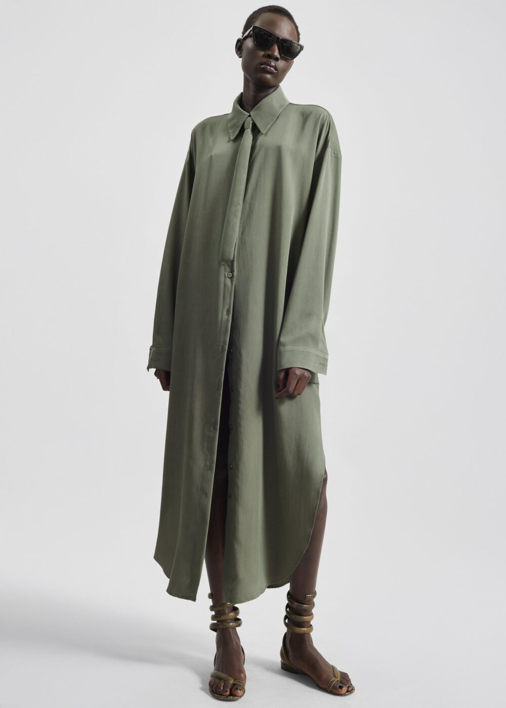 Silvan Neck Tie Shirt Dress - Olive - Image 3