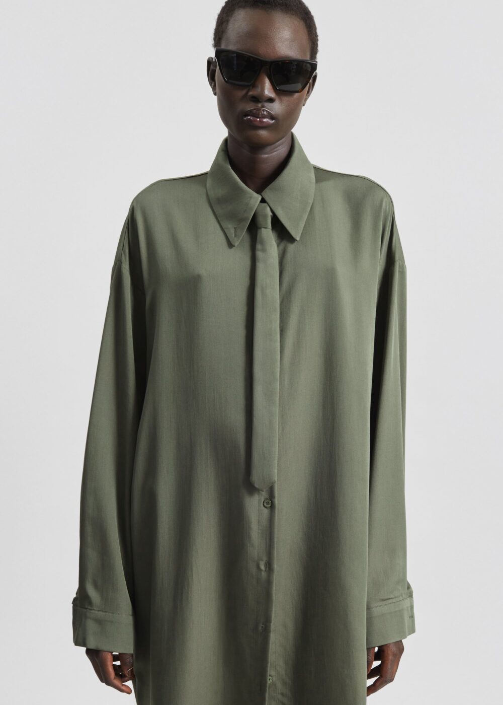 Silvan Neck Tie Shirt Dress - Olive - Image 7