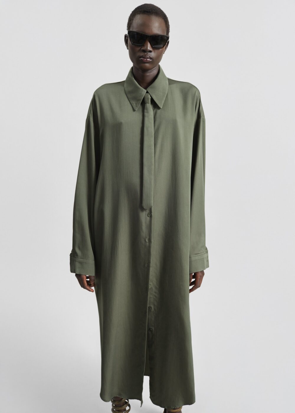 Silvan Neck Tie Shirt Dress - Olive - Image 8