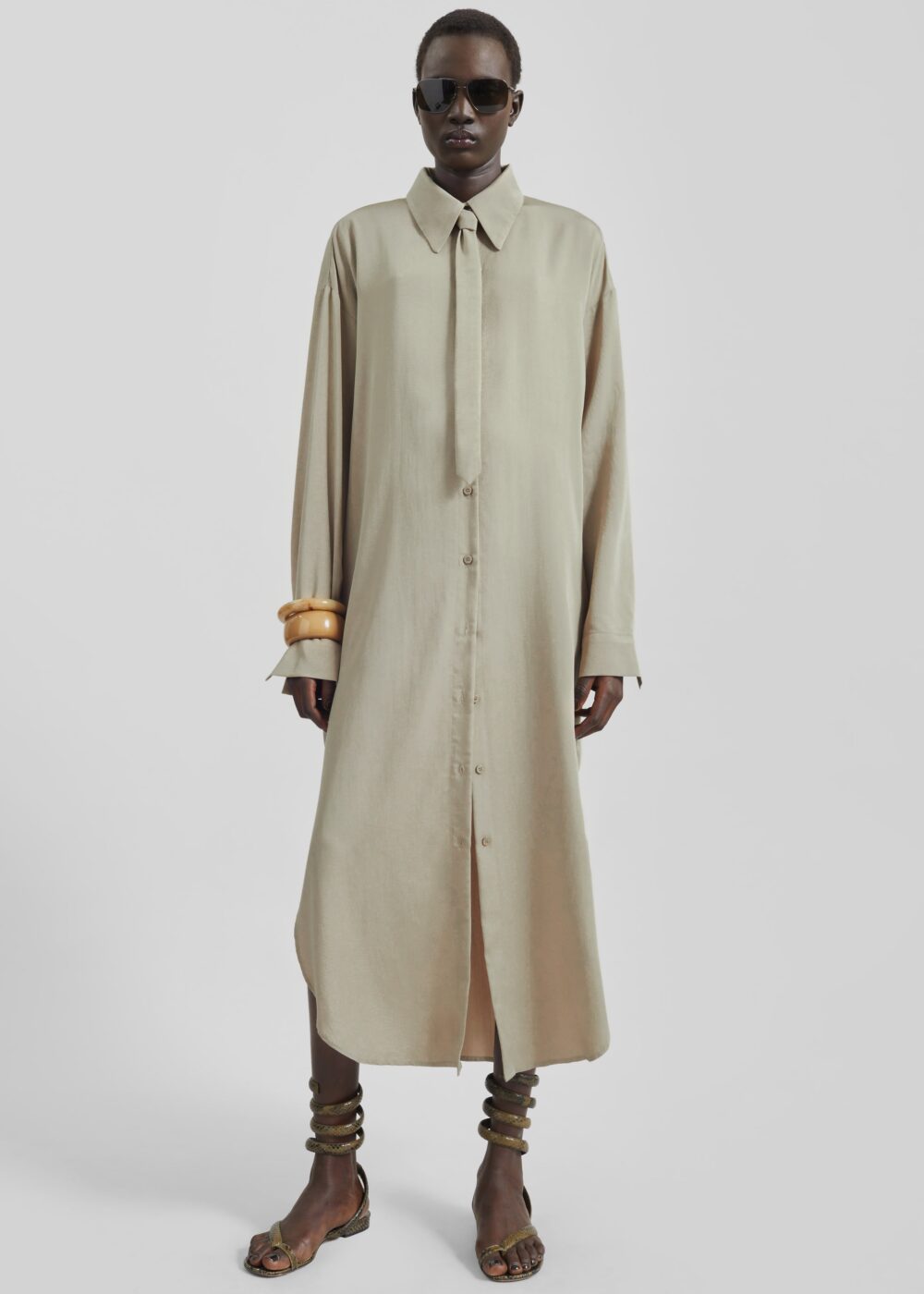 Silvan Neck Tie Shirt Dress - Taupe - Image 4