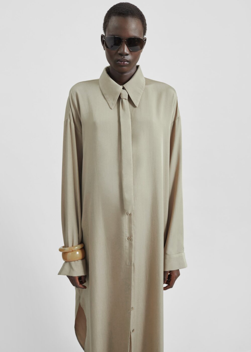 Silvan Neck Tie Shirt Dress - Taupe - Image 3