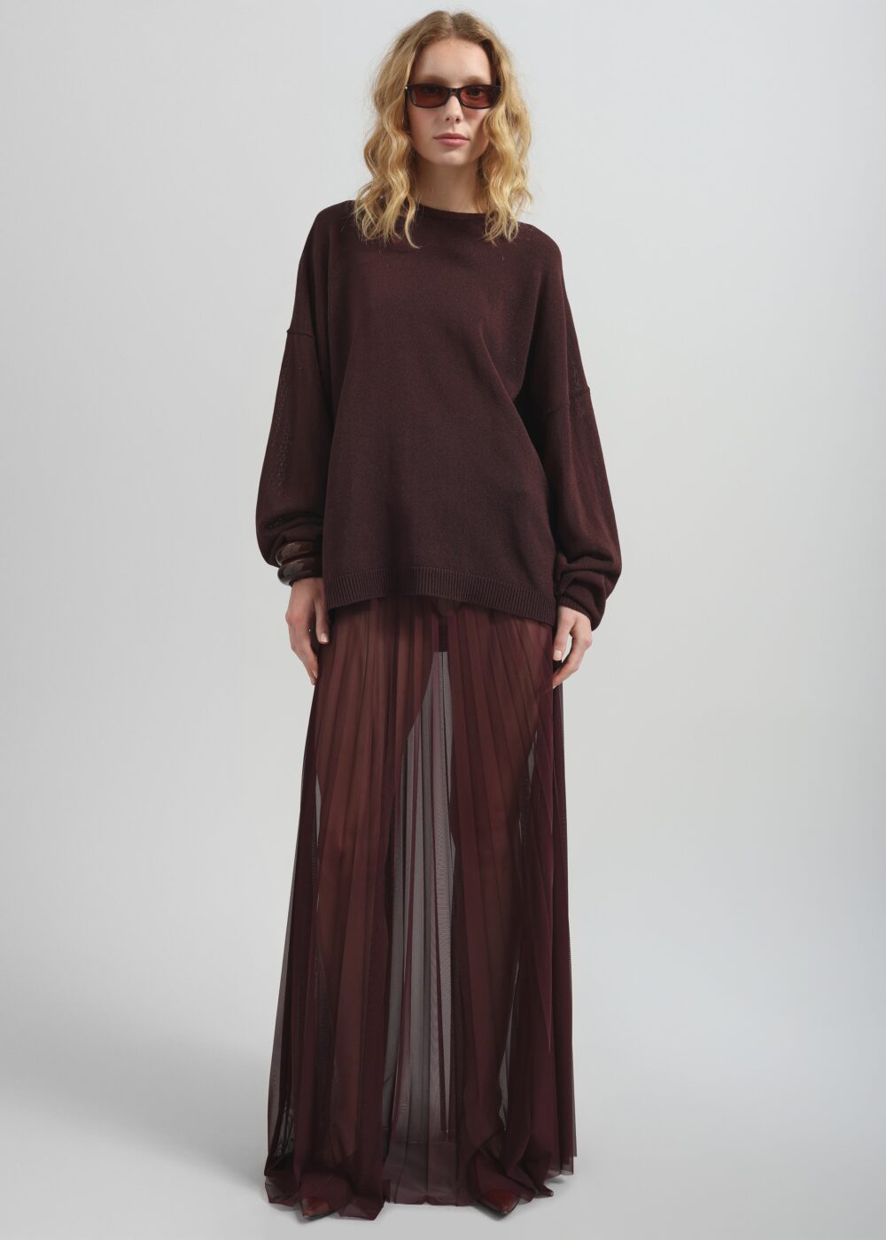 Vallen Pleated Mesh Maxi Skirt - Burgundy - Image 6