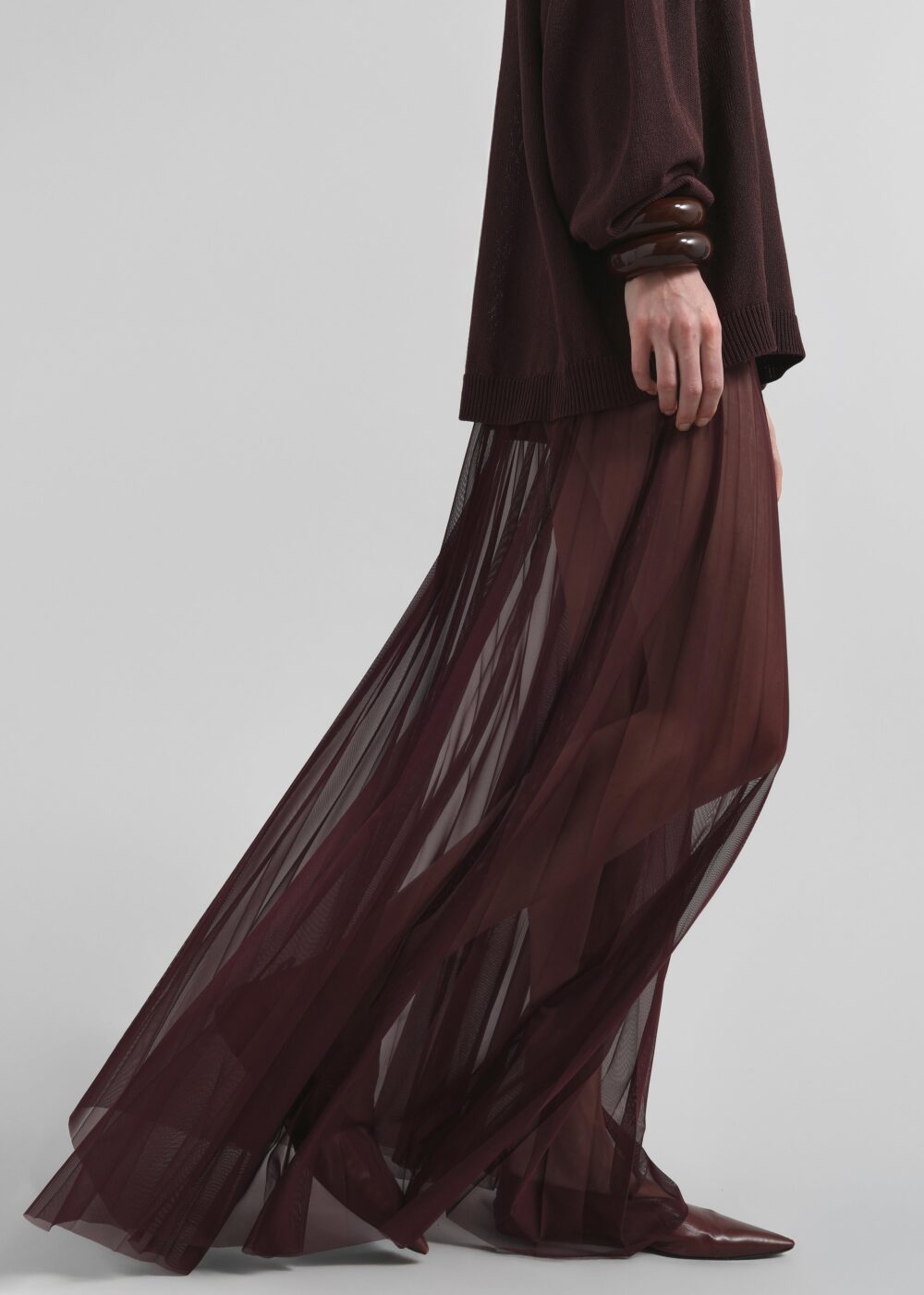 Vallen Pleated Mesh Maxi Skirt - Burgundy - Image 10