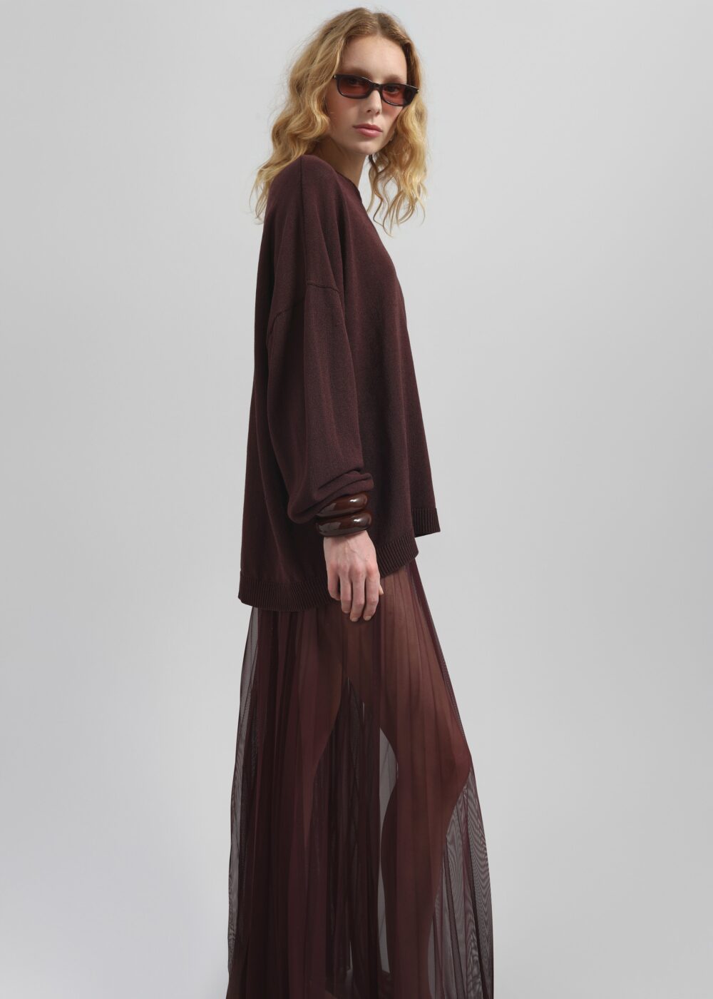 Vallen Pleated Mesh Maxi Skirt - Burgundy - Image 5