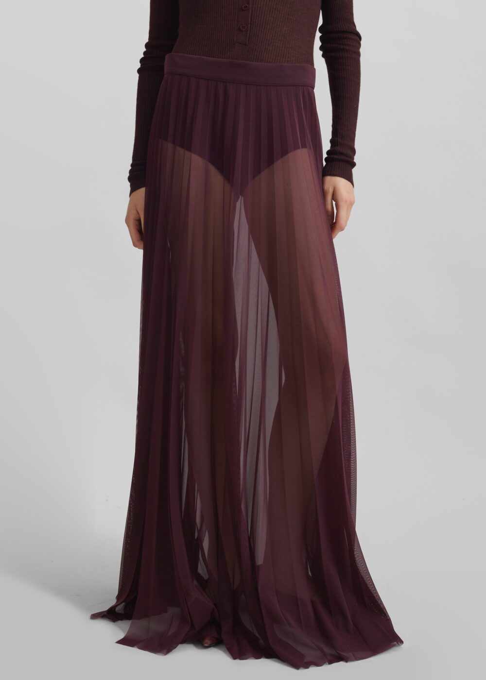 Vallen Pleated Mesh Maxi Skirt - Burgundy - Image 7