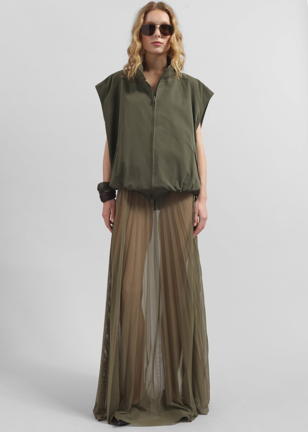 Vallen Pleated Mesh Maxi Skirt - Khaki - Image 5