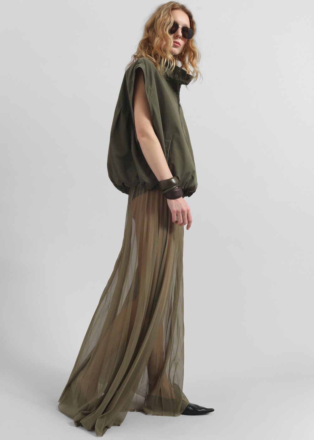 Vallen Pleated Mesh Maxi Skirt - Khaki - Image 8
