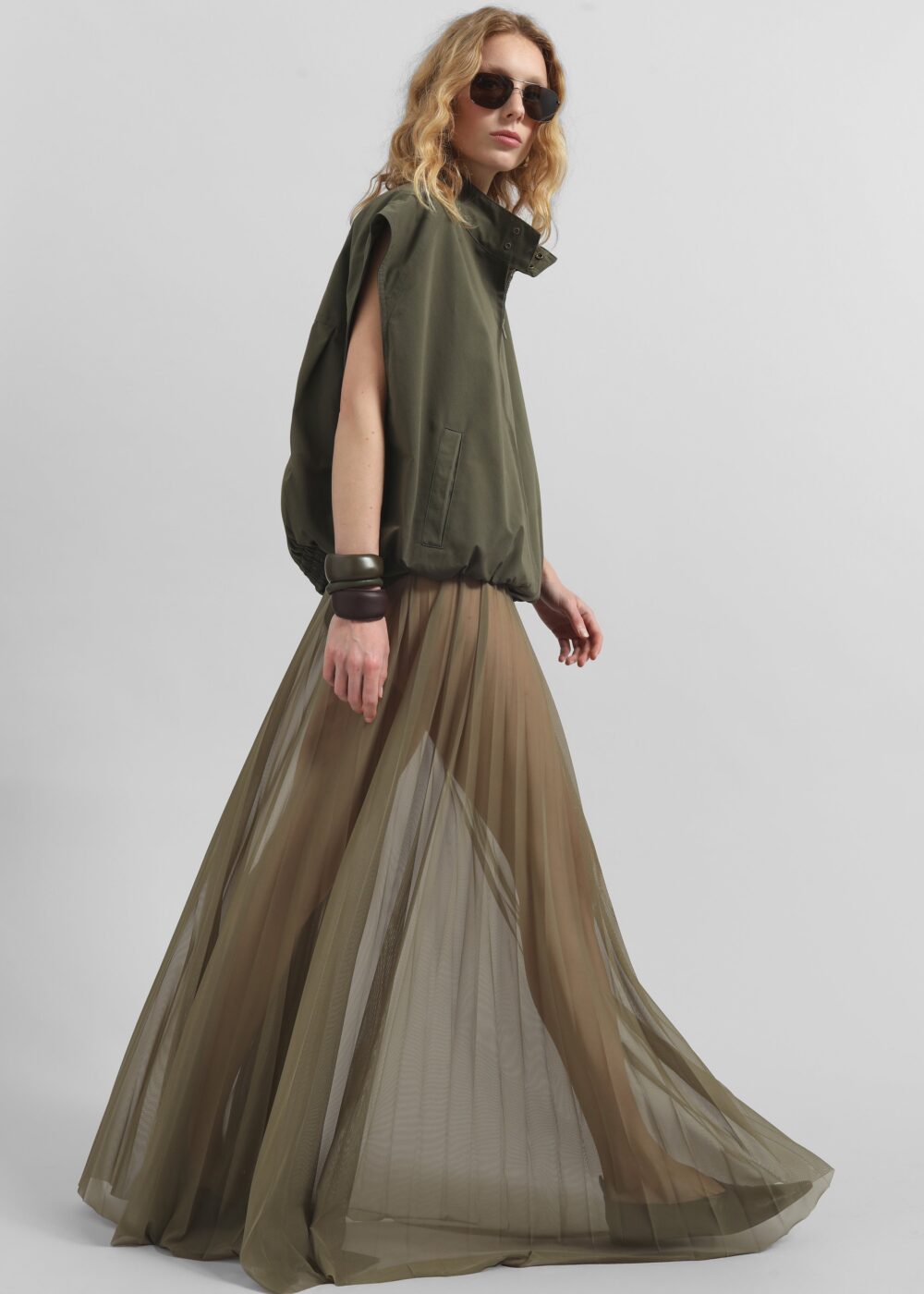 Vallen Pleated Mesh Maxi Skirt - Khaki - Image 4