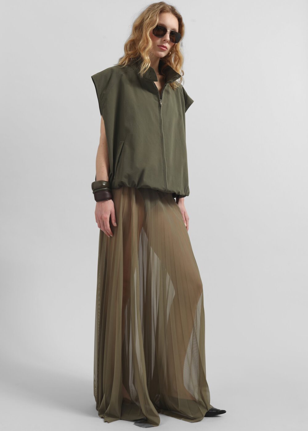 Vallen Pleated Mesh Maxi Skirt - Khaki - Image 9