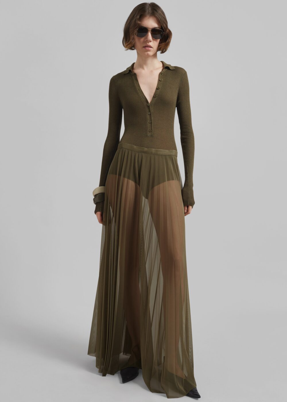 Vallen Pleated Mesh Maxi Skirt - Khaki - Image 7