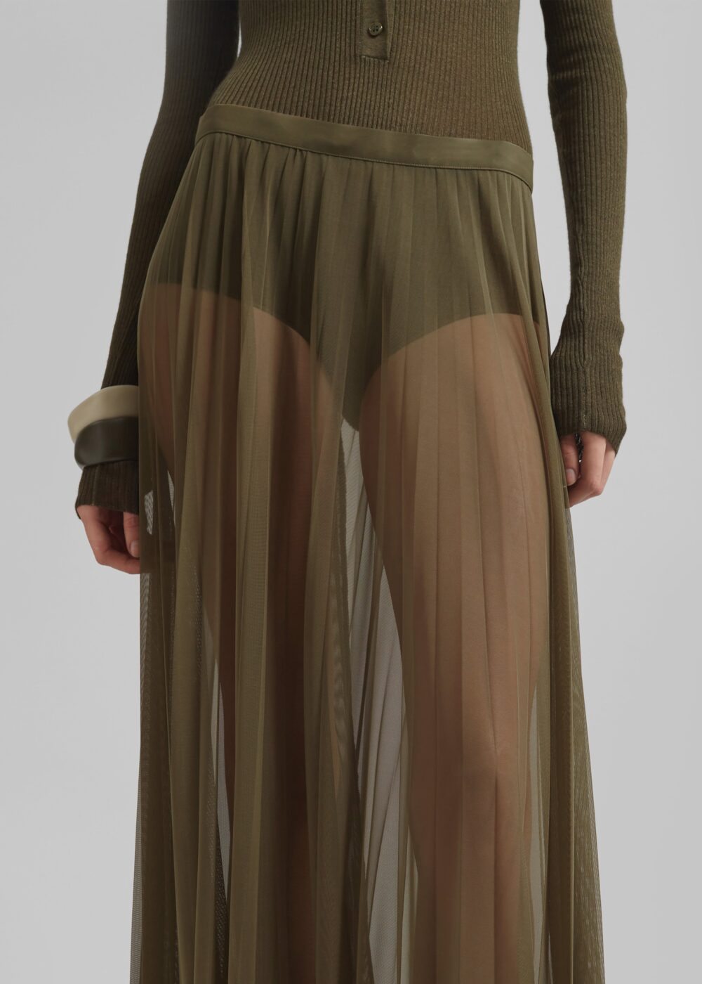 Vallen Pleated Mesh Maxi Skirt - Khaki - Image 3