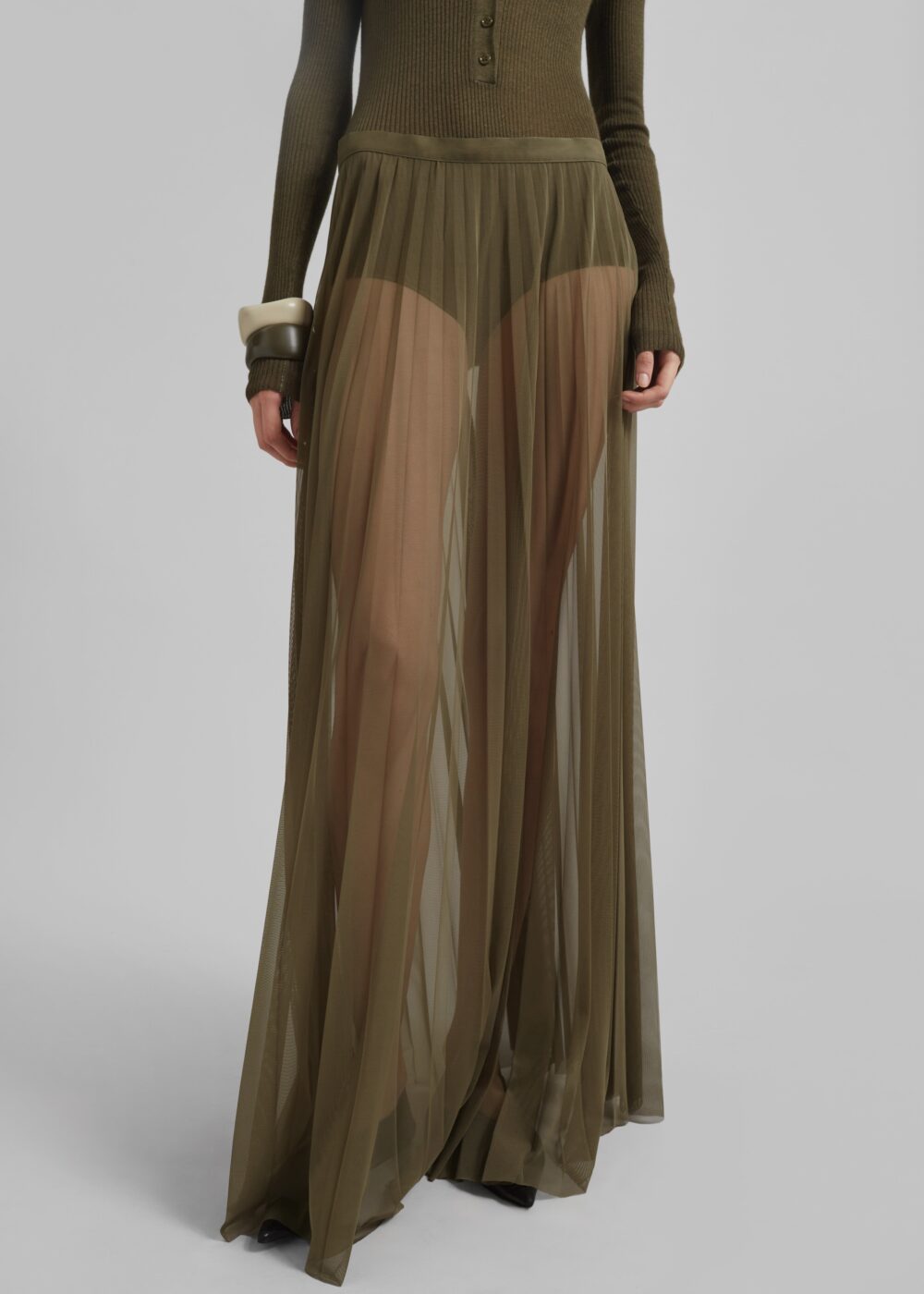Vallen Pleated Mesh Maxi Skirt - Khaki - Image 6
